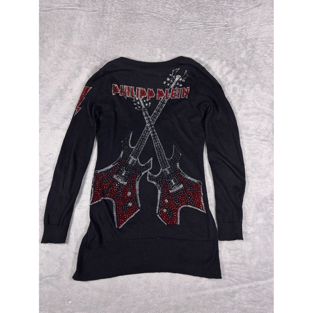 Philipp Plein Rock Music Sweater Womens S Black V-Neck Long Sleeve Rhinestone